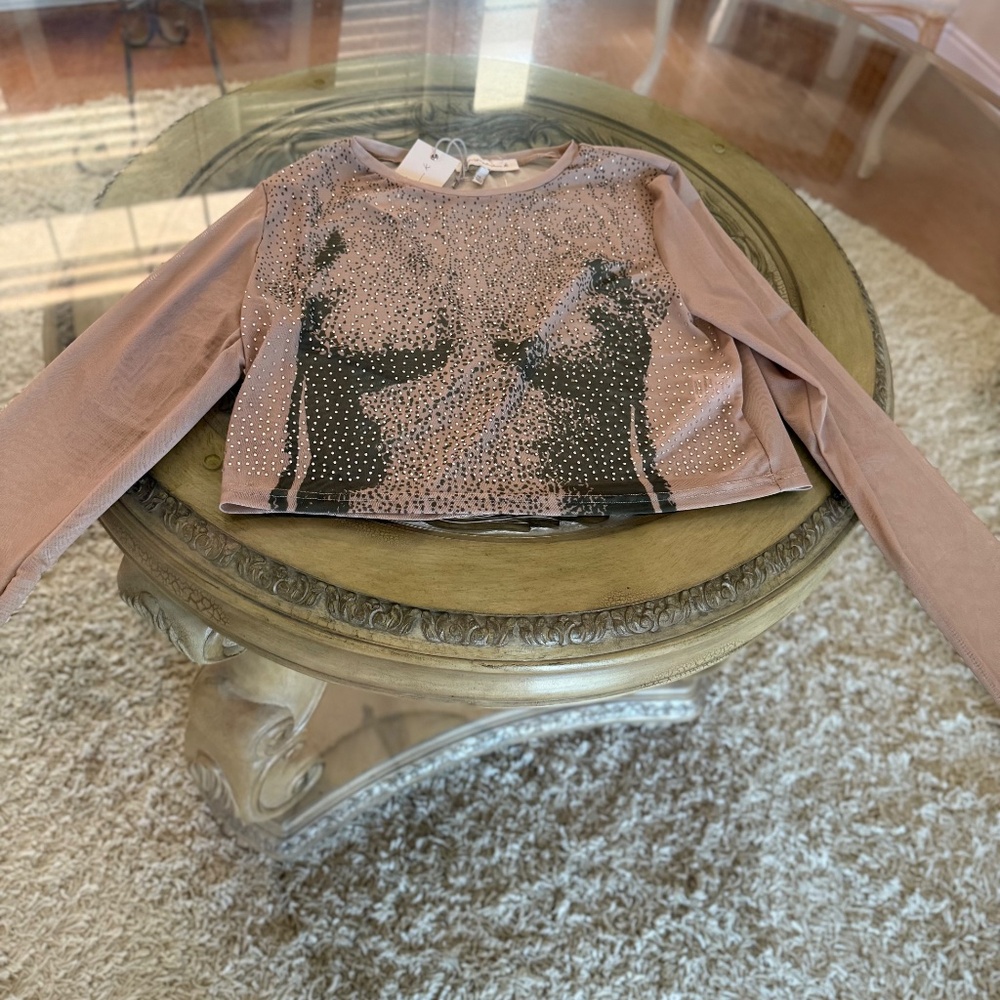 NWT Generation K Tan Embellished Sheer Long Sleeve Top Size XL